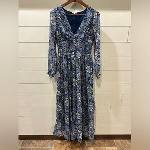Patrons of Peace Floral Blue Long Sleeve Dress- size Small